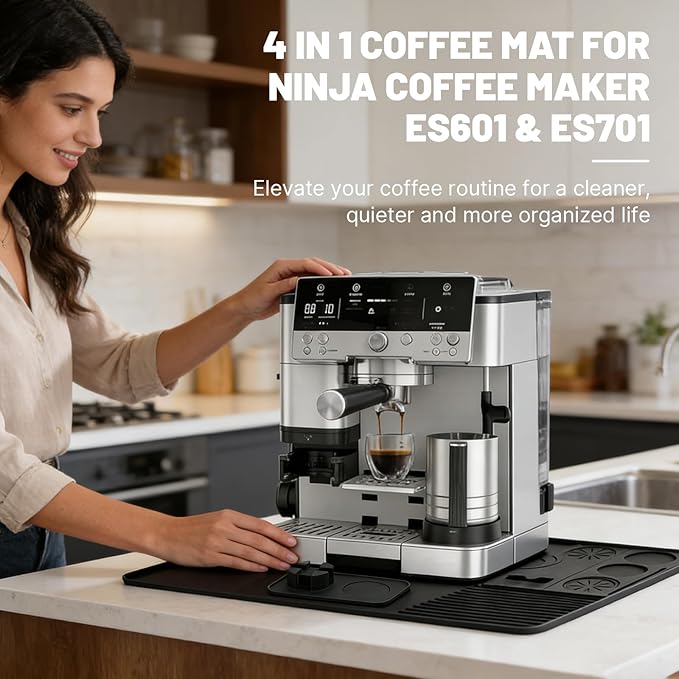 4-in-1 Coffee Maker Mat for Ninja Luxe Cafe Machine ES601 & ES701, Silicone Top Mat + Coffee Bar Mat + Espresso Tamping Mat + Tamping Base -Waterproof Bar Accessories