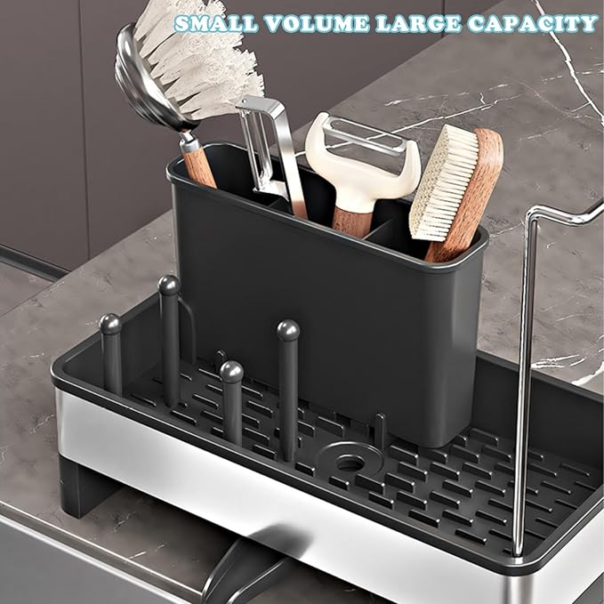 Sponge Holder for Kitchen Sink,Sink Caddy Organizer with Removable Brush Holder,Kitchen Countertop Soap Dispenser Storage with Detachable Towel Rack,Black