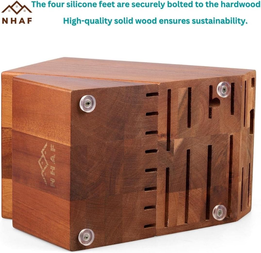 24 Slot Knife Block without Knives, Built-in Sharpener, NHAF Premium Wooden Knife Storage Block, Rubber & Acacia Wood Knife Block, Kitchen Knife Holder (3 gifts accessories included)