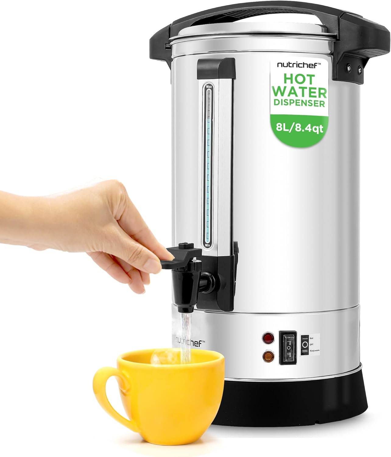 NutriChef Water Boiler and Hot Water Dispenser, 8L Electric Beverage Dispenser with Safety Lock Lid, Non-Drip Tap, Warm Function, Food Grade Stainless Steel, Home & Commercial Use, 19"x9"x9", Silver