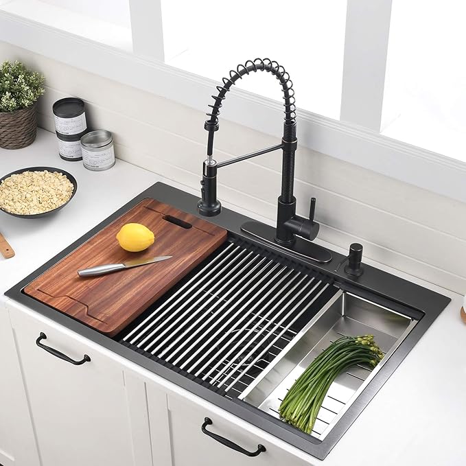 33 Inch Black Drop In Kitchen Sink Workstation - VOKIM 33x22-Inch Drop In Sink Stainless Steel Top Mount 16 Gauge Single Bowl 10'' Deep Handmade Kitchen sink with Cutting Board& Strainer