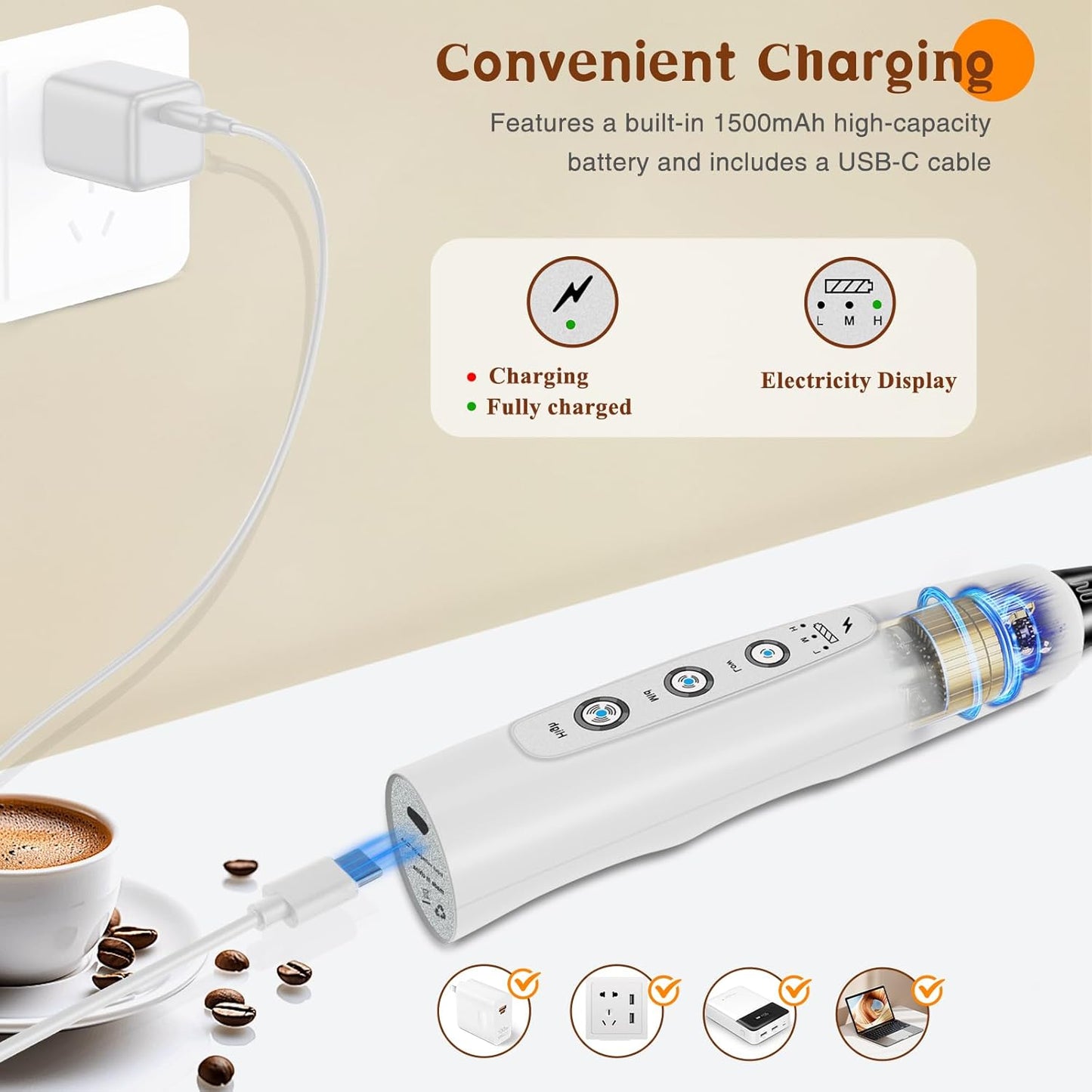 Milk Frother Handheld Rechargeable, Frother Wand Drink Mixer Electric Whisk for Coffee, Detachable With 3 Stainless Whisks, Hand Mixer for Lattes, Cappuccino, Matcha, Egg, No Stand, White