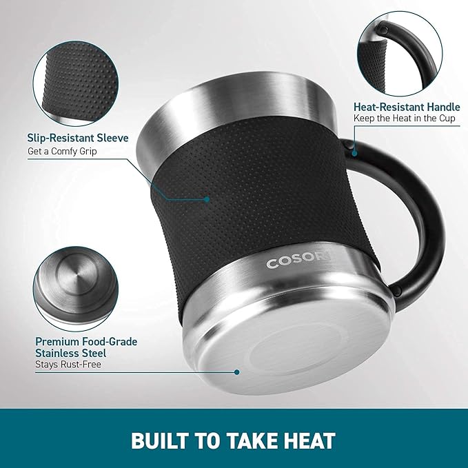 COSORI Coffee Mug Warmer & Mug Set for Desk, Cup Heater, Office & Christmas Gifts, 1°F Precise Temperature Control, Touch Tech & LCD Digital Display (77-194℉), 304 Stainless Steel, Silver/Black