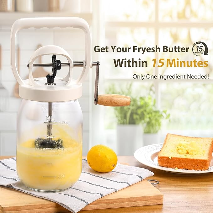 CAROD Classical Butter Churner, 1.5L Glass Jar with Hand Injury Prevention Device & Sifting Lid, 50oz Hand Crank Jar Maker Creates Fresh Homemade Butter within 15 Min, Ideal DIY Kitchen Gift