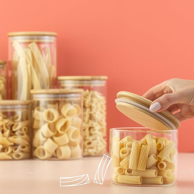 JoyJolt Borosilicate Glass Jars With Bamboo Lids. 6 Pc Set of Air Tight Sealable Containers. Food Jar Canisters with Airtight Lid for Pantry Storage and Kitchen Organization.
