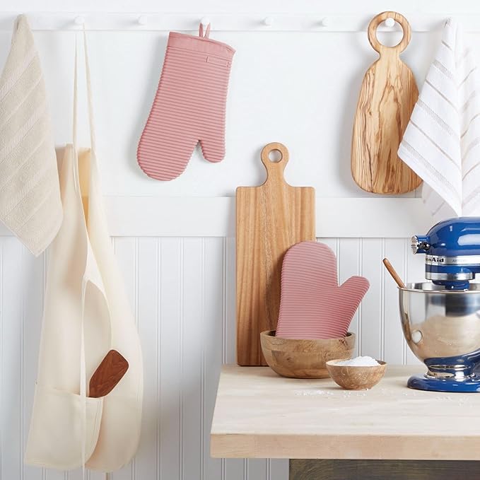 KITCHENAID Ribbed Soft Silicone Oven Mitt 2-Pack Set, 7.5"x13", Dried Rose