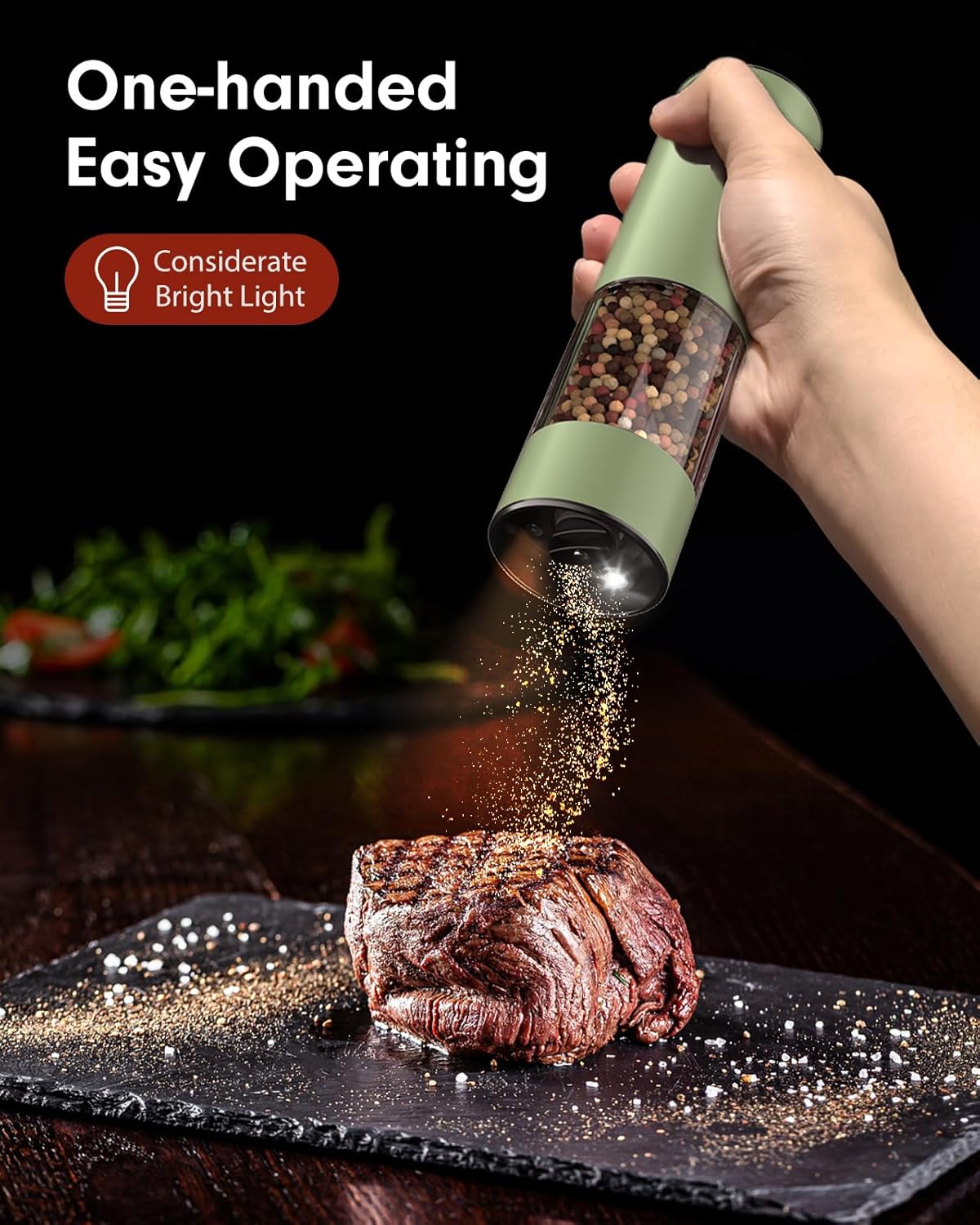 TOMEEM Upgraded Larger Capacity Electric Salt and Pepper Grinder Set Rechargeable with LED lights, Stainless Steel Automatic Pepper and Salt Grinder Refillable with 5 Adjustable Coarseness Green
