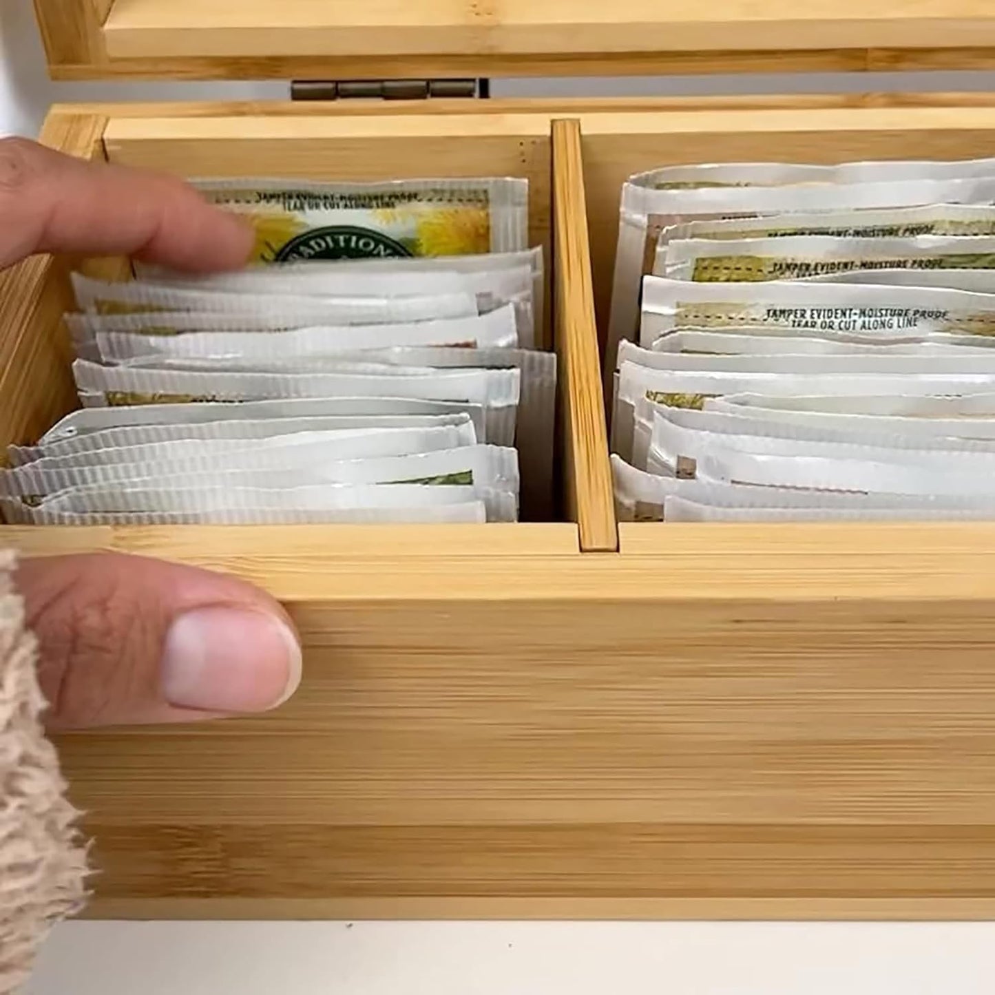 Bamboo Tea Organizer Box Chemical Free Eco-Friendly Big, Tall, Adjustable Cubbies Natural Wooden Storage Chest (4-Slot Across 14.3" x 4.4" x 4.2" with Tea Leaf design)
