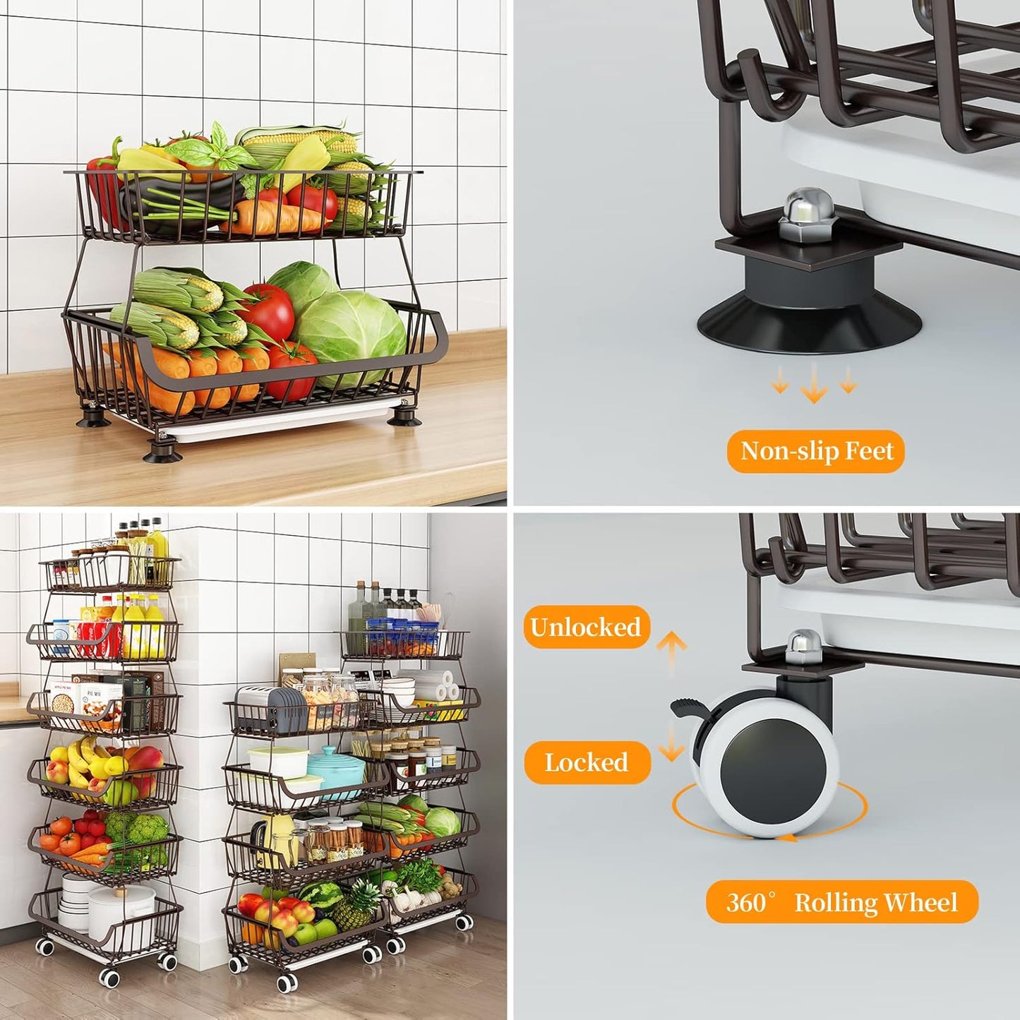 Fruit Vegetable Storage Basket for Kitchen - 6 Tier Stackable Metal Wire Baskets Cart with Rolling Wheels Utility Fruits Rack Produce Snack Organizer Bins for Pantry Bathroom Laundry Bronze