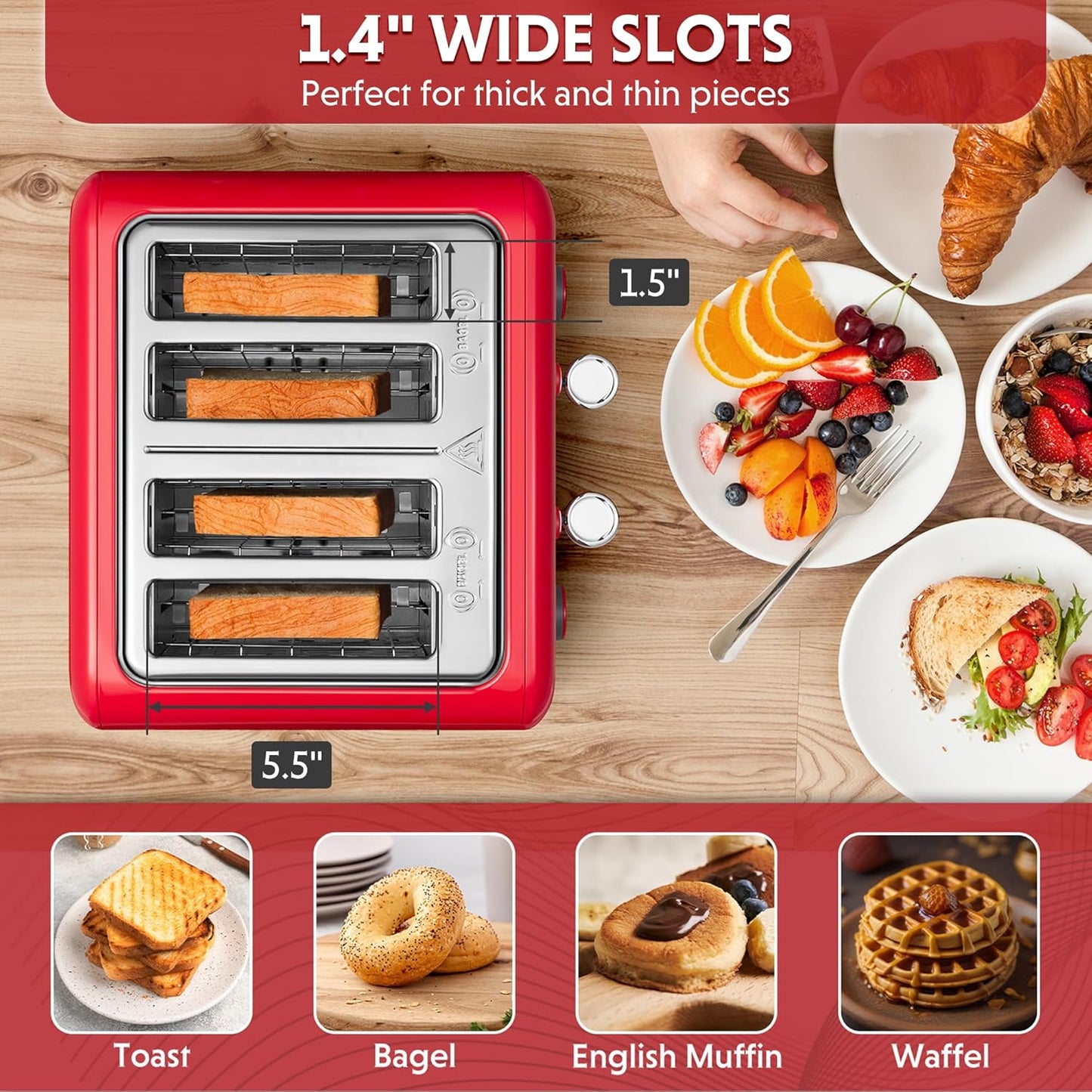BUYDEEM DT640 4-Slice Toaster, Extra Wide Slots, Retro Stainless Steel with High Lift Lever, Bagel and Muffin Function, Removal Crumb Tray, 7-Shade Settings,Red