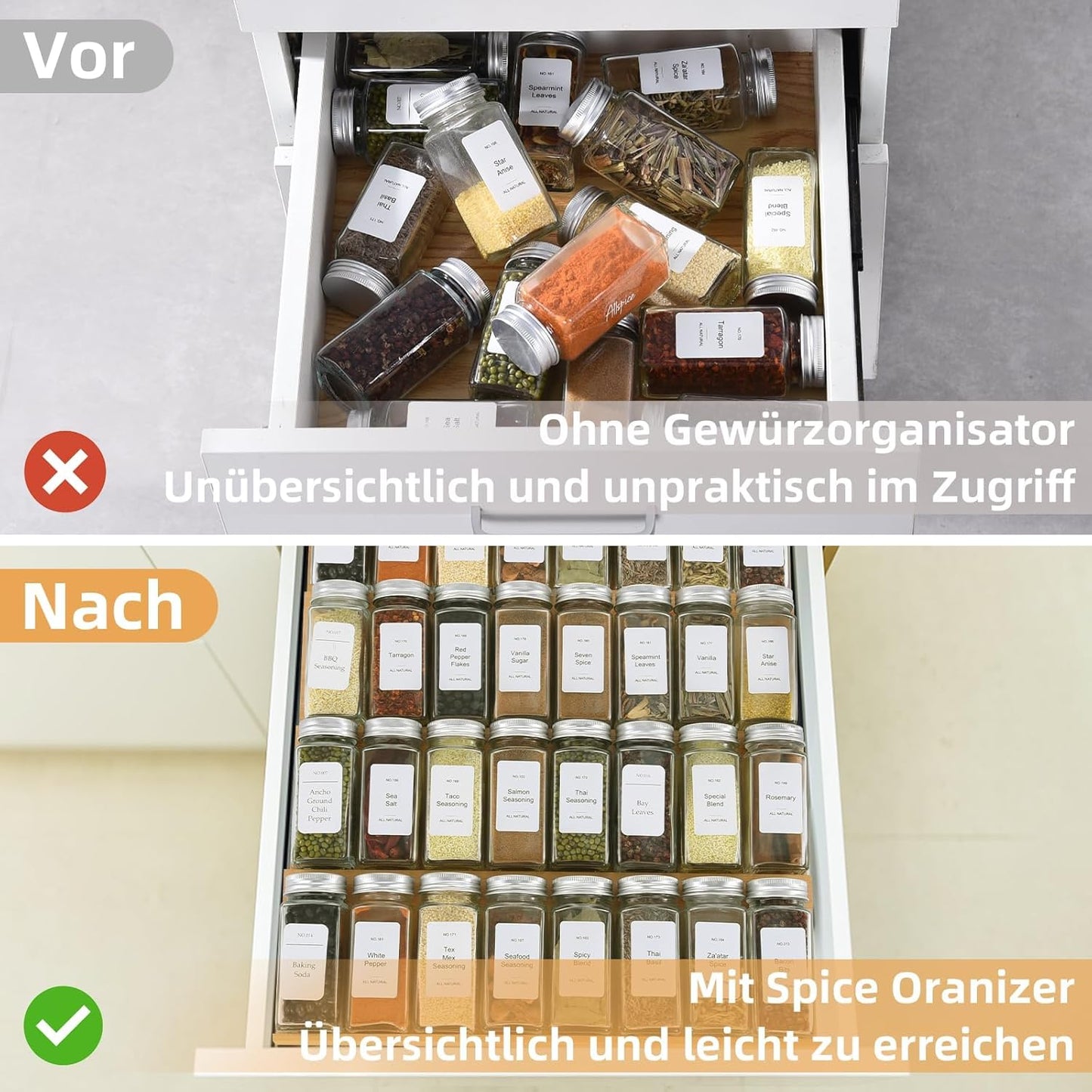 Spice Drawer Organzier,4 Tiers- 8Pcs Bamboo Spice Rack Tray Insert for Cabinet Drawer Countertop, Kitchen Seasoning Storage Drawer Organization,18" Wide x 15.8" Deep （Hold UP To 40 Jars