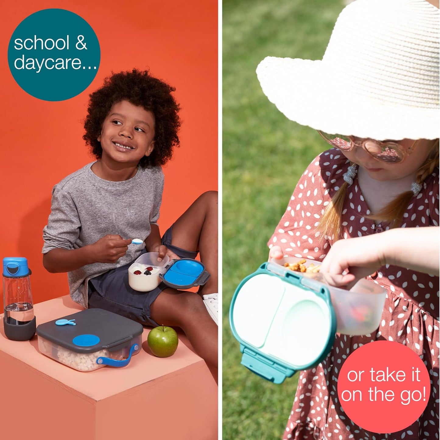 b.box Snack Box Reusable Snack Containers with Lids 2 compartments, Bento Box for kids and toddlers, Leakproof Lunch Box, BPA free and Dishwasher Safe Snack Container (Chill Out, 1 3/4 Cup)