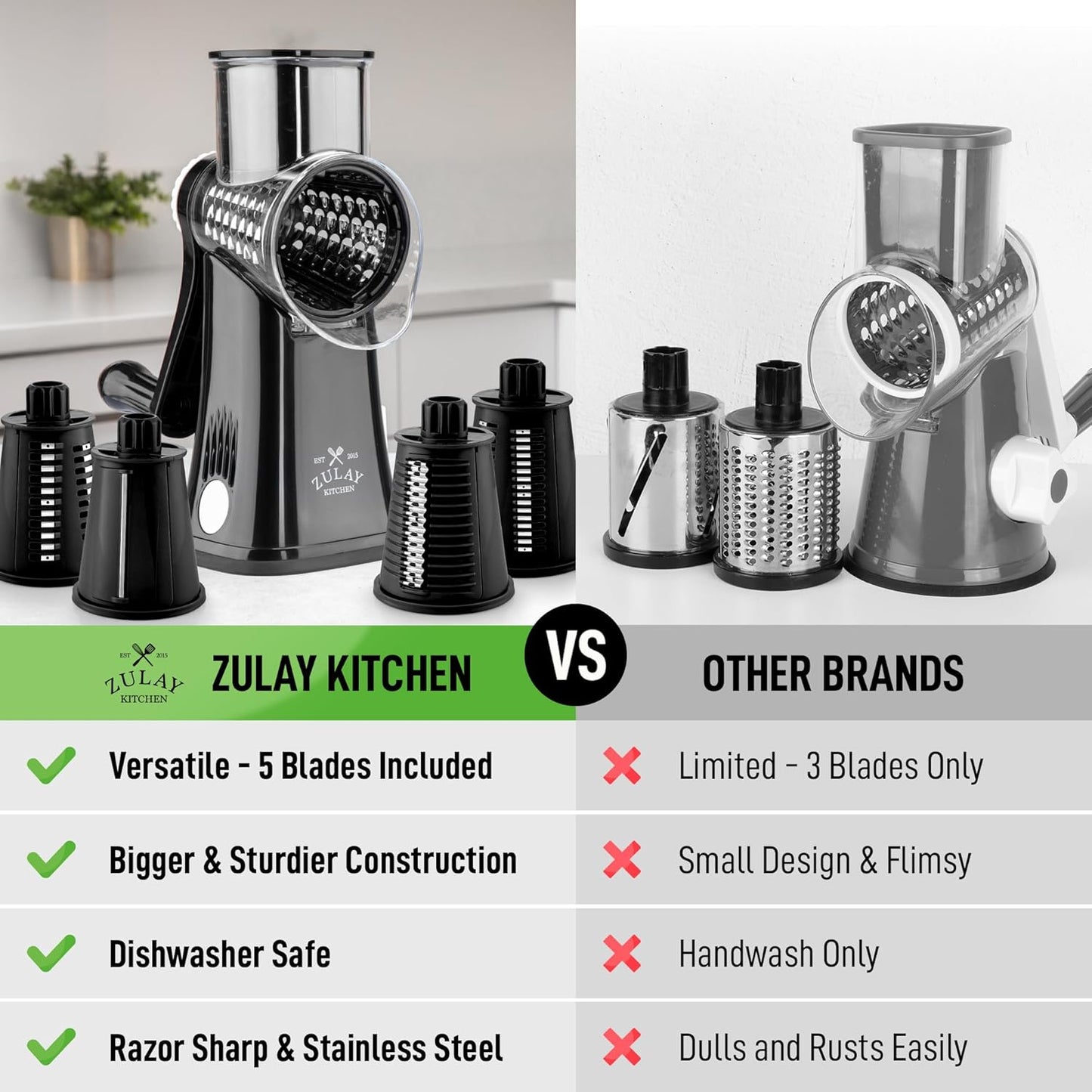 Zulay Kitchen Rotary Cheese Grater 5 Blade Cheese Shredder - Manual Hand Crank Cheese Grater With Reinforced Suction & 5 Interchangeable Drums - Easy to Use, Vegetable Chopper Round Mandoline Slicer