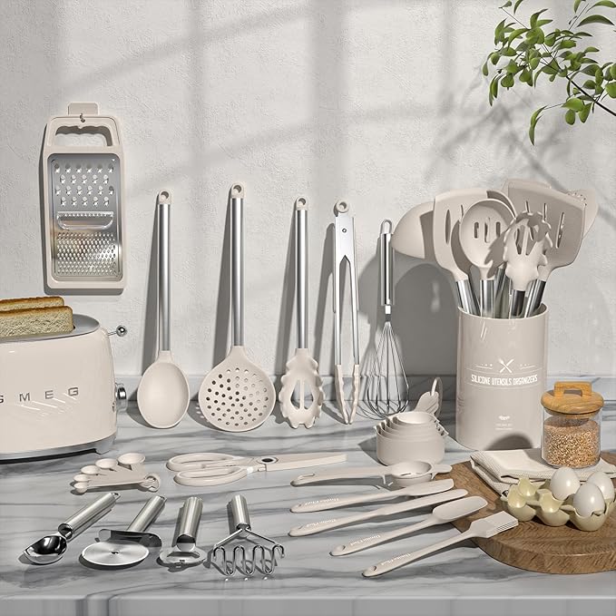 Kitchen Utensils Set-Umite Chef 34 Pcs Silicone Cooking Utensils Set for Nonstick Cookware-Silicone Spatulas Set, Stainless Steel Handle-Khaki Kitchen Gadgets Tools, Pots and Pans Accessories