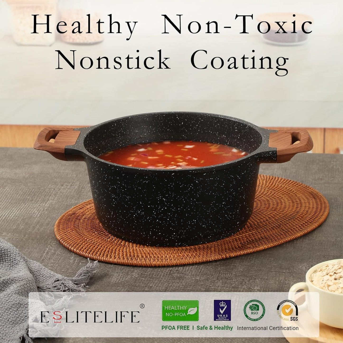 ESLITE LIFE Nonstick Cookware Sets, 12 Pcs Granite Coating Pots and Pans Set Kitchen Cooking Set, Compatible with All Stovetops (Gas, Electric & Induction), PFOA Free, Black