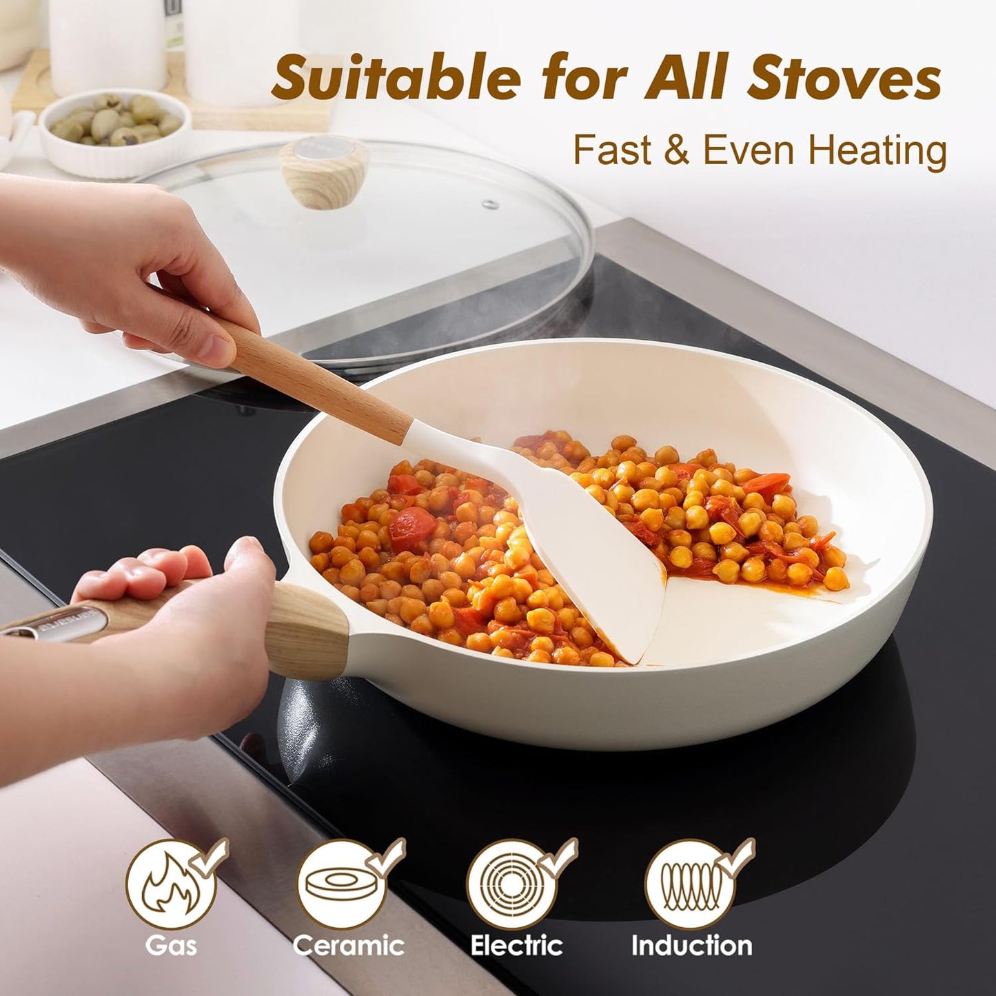 SENSARTE Ceramic Nonstick Frying Pan Skillet with Lid 8inch Non Stick Omelet Pans, Non-toxic Healthy Kitchen Cooking Chefs Pan, Free of Intentionally Added PFOA/PFAS/PTFE, Induction Compatible, White
