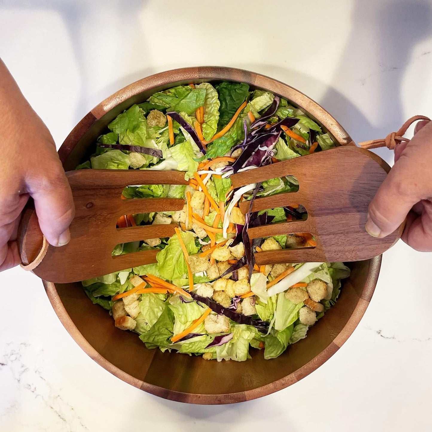 Acacia Wood 10” Salad Serving Bowl with Salad Hands 3 Piece Set by Woodard & Charles