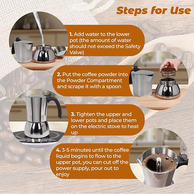 No Coating 4 Cup Thickened 304 Stainless Steel Moka Pot Stovetop Espresso Maker Italian Coffee Machine 200ml 6.8oz Suitable for Gas Induction Stovetop Greca Coffee Maker Percolator