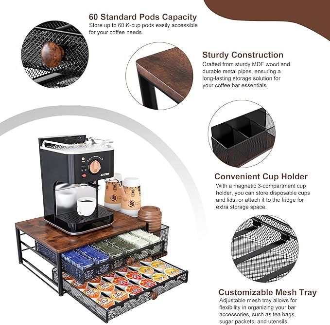 Coffee Bar Organizer, 60 Capacity K Cup Organizer for Countertop, 2 Tier Sliding Coffee Pod Storage Drawer with Disposable Cup & Lid Holder, Black