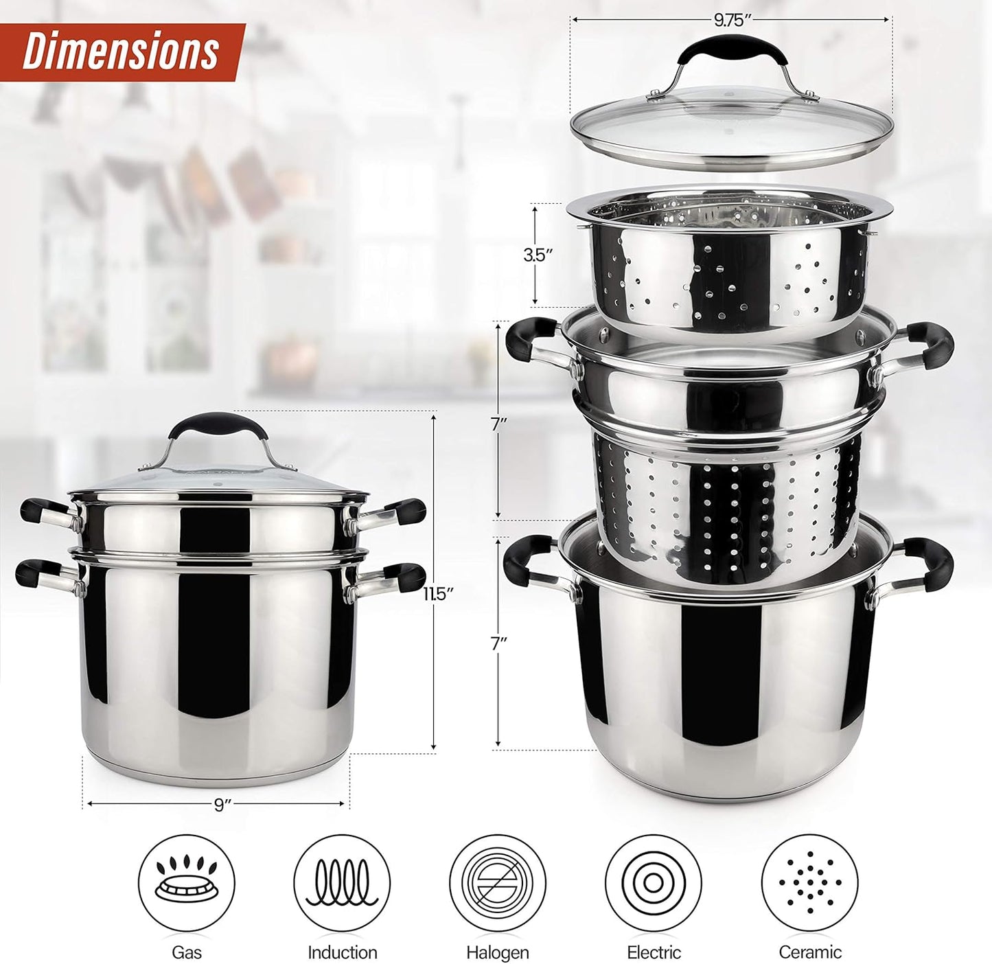 AVACRAFT 18/10 Stainless Steel, 4 Piece Pasta Pot with Strainer Insert, Stock Pot with Steamer Basket and Pasta Pot Insert, Pasta Cooker Set with Glass Lid, 7 Quart