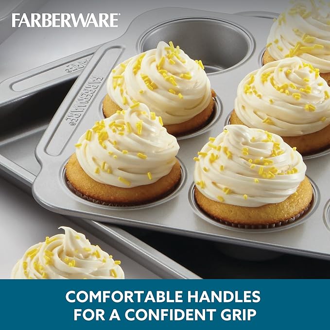 Farberware Nonstick Steel Bakeware Set with Cooling Rack, Baking Pan and Cookie Sheet Set with Nonstick Bread Pan and Cooling Grid, 10-Piece Set, Gray