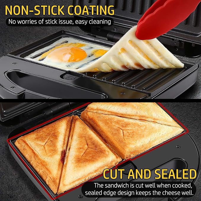 OSTBA 3-in-1 Sandwich Maker with Removable Plates, Panini Press, Waffle Maker, Non-Stick, 750W Compact Breakfast Grill for Sandwiches, Waffles, Steak, Black