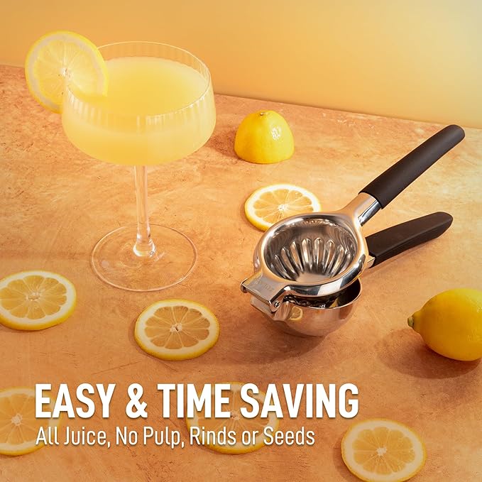 Zulay Lemon Squeezer Stainless Steel with Premium Heavy Duty Solid Metal Squeezer Bowl (Black Grip, Large)