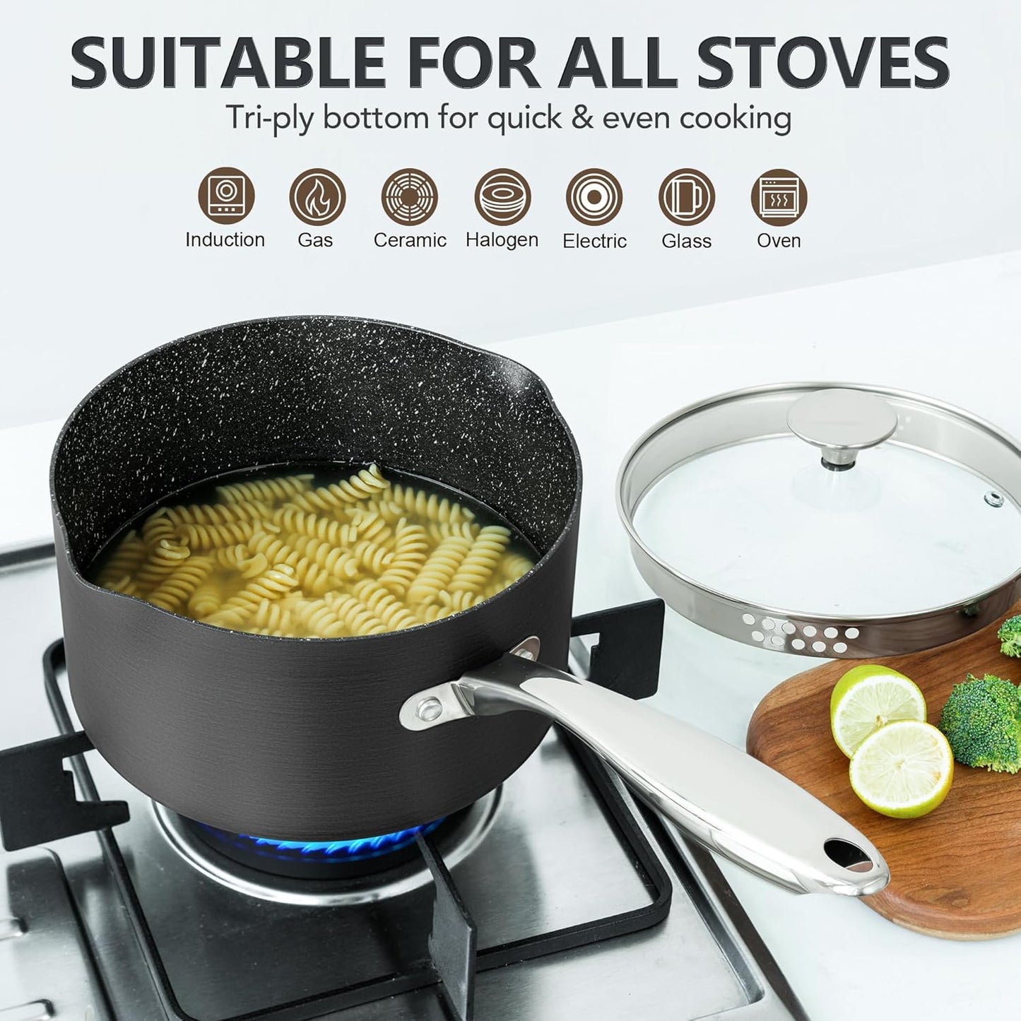 MICHELANGELO Hard Anodized Saucepan Set with Lids, Nonstick Saucepan with Pour Spouts & Strainer Lid for Easy Pour, Granite Derived Coating Sauce Pot Set - 1.5QT & 3QT Induction Sauce Pans