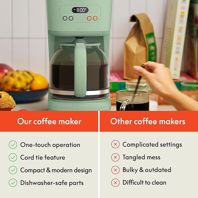 bella 12 Cup Programmable Coffee Marker, Reusable Dishwasher Safe Accessories, Easy LCD diaply, Auto Shutoff, 900 watt, Seaglass