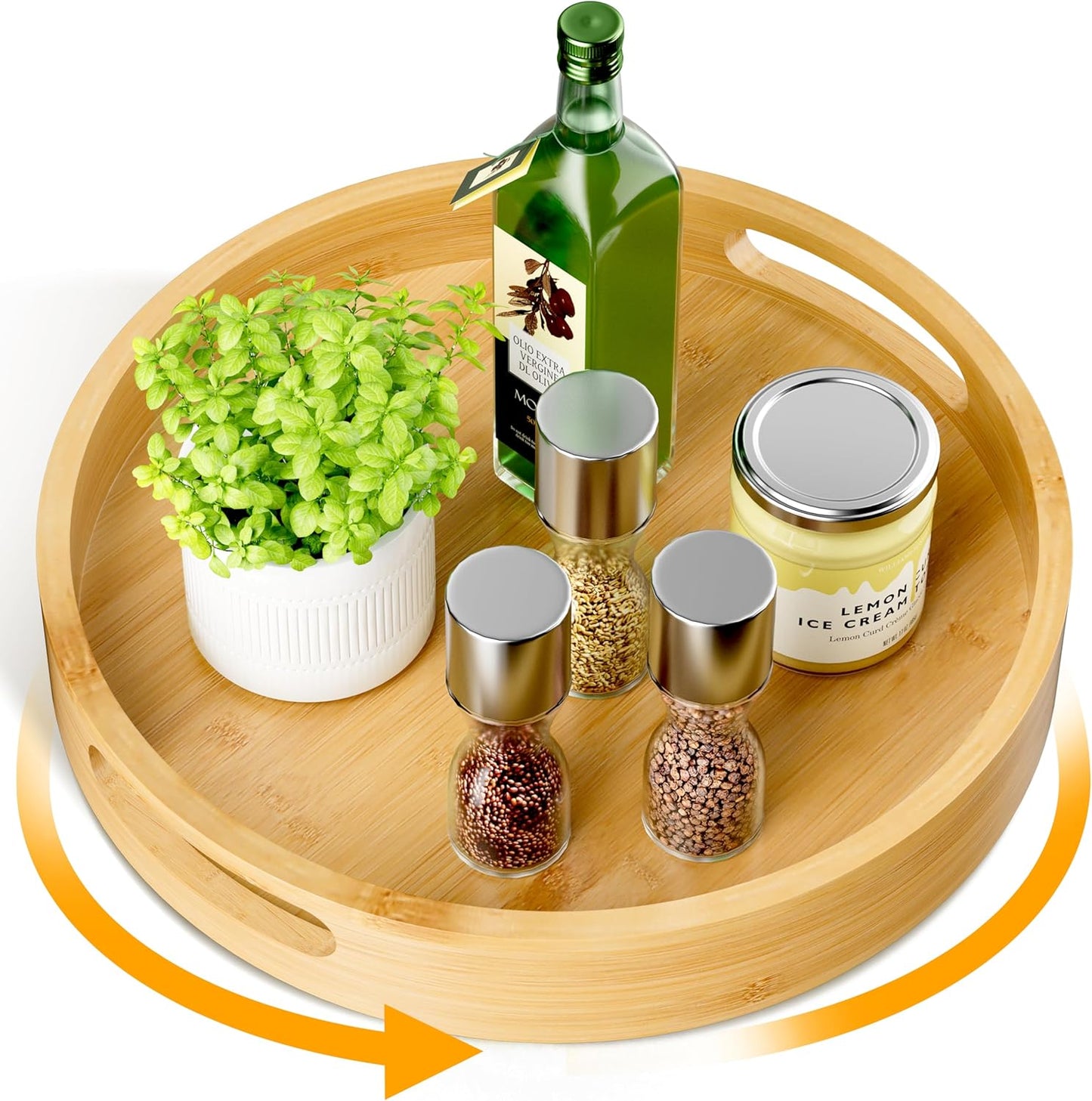 Lazy Susan Organizer Homerays 13 Inch Non-Skid Bamboo Lazy Susan for Kitchen Rotating Spice Rack with Handles, Wood Turntable for Kitchen Cabinet,Countertop (Bamboo, Large)