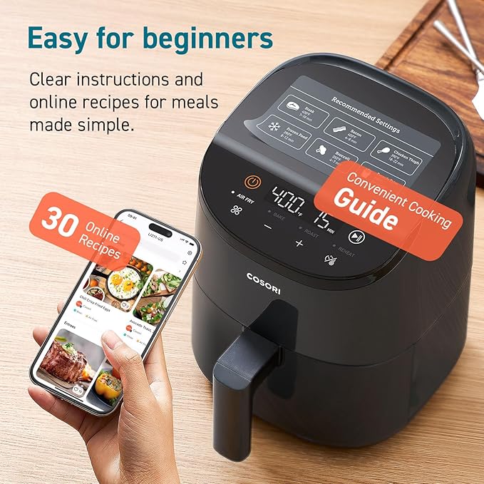 COSORI Air Fryer 2.1 QT, Small & Mini 4-in-1 airfryer Ideal for Simple Meals and Snack, Easy to Leftover Food to Crispy, Up to 97% Less Oil, 30 In-App Recipes, Nonstick & Dishwasher-Safe Basket