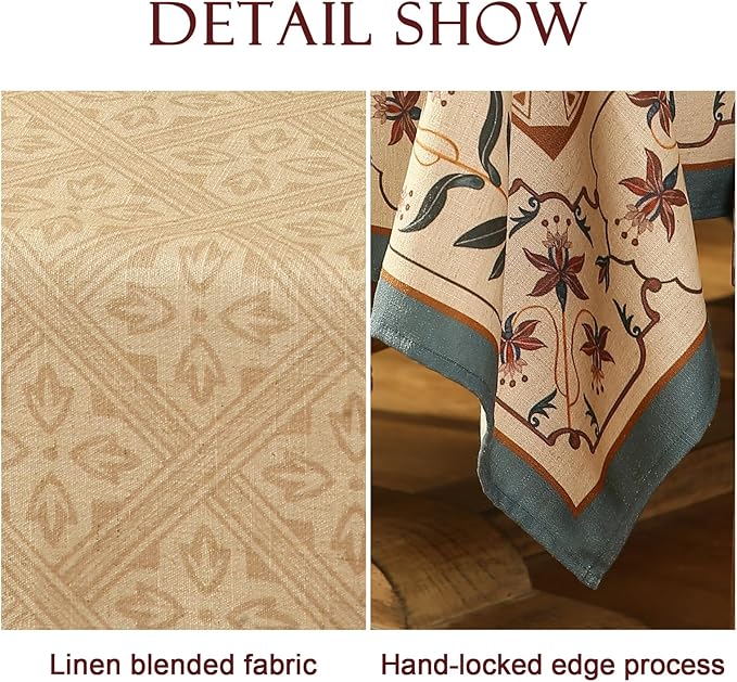 patdrea Designer French Linen Extra Long Tablecloth for Rectangle Table,Beige Anti-Wrinkle Floral Farmhouse Table Cloth,Decor Covers for Kitchen Dining,Party,Christmas,Thanksgiving,67"x118"-Fram