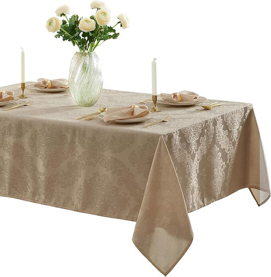 Newbridge Barcelona Luxury Damask Fabric Tablecloth, 60” Wide x 120” Rectangle, Golden Beige, 100% Polyester, No Iron, Soil Resistant Dining Room, Party and Banquet Table Cover