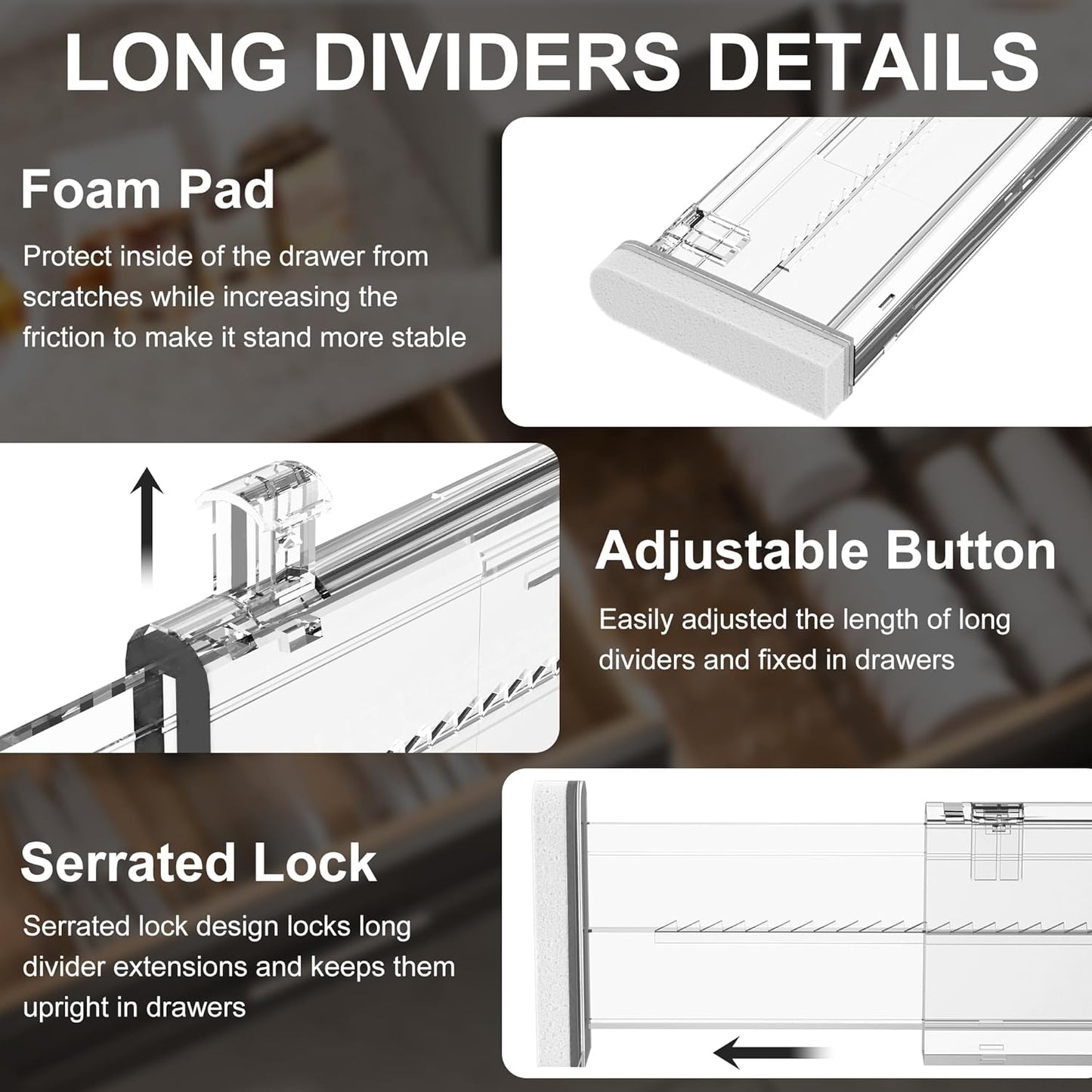 HiYZ Expandable Drawer Dividers - 12.6-22.8'' Adjustable Drawers Organizers for Kitchen Utensils, Drawer Separators in Bedroom, Dresser, Office, Bathroom, Fridge, 5 Pack Long Dividers-Clear