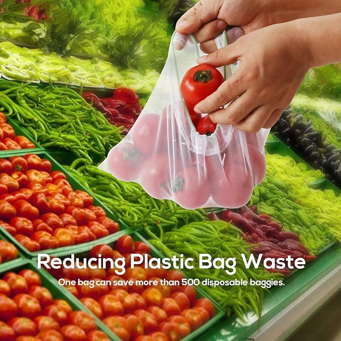 SPLF 12 Pcs Heavy Duty Reusable Mesh Produce Bags, Barcode Scanable See Through Food Safe Mesh Bags with Drawstring for Fruits, Vegetable, Food, Toys, Grocery Storage, Large Medium Small