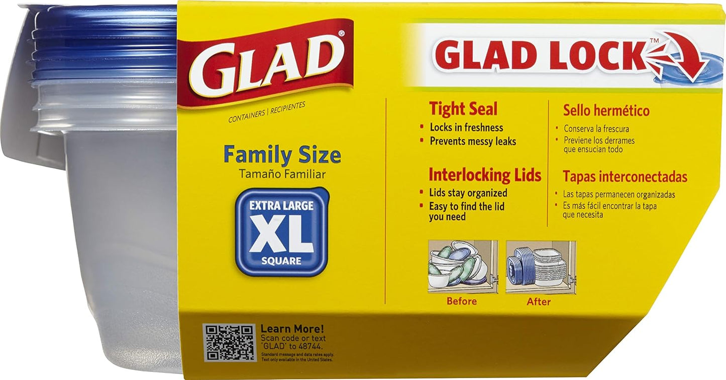 GladWare Family Size Food Storage Containers, XL | Large Square Food Storage, Containers Hold up to 104 Ounces of Food, Large Set 3 Count Food Containers | Tupperware, Plastic Food Container