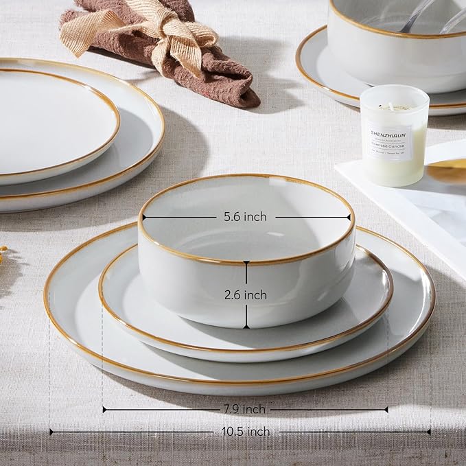 E-far Plates and Bowls Set for 2, 6-Piece Stoneware Dinnerware Sets, Ceramic Dinning Ware Reactive Glaze Dishes Set, Microwave & Dishwasher Safe - Seashell White