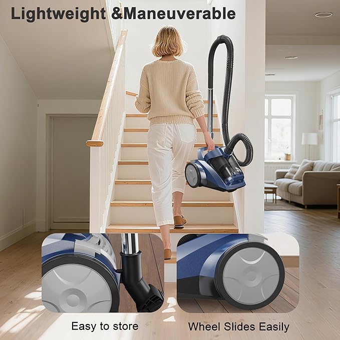 Canister Vacuum Cleaner 45KPa Power Bagless Canister Vacuums for Home with 5 Tools 4.5QT Dust Cup Double HEPA Filter Lightweight Multi-Surface Vacuum Cleaners for Carpet Hard Floor Pet Hair