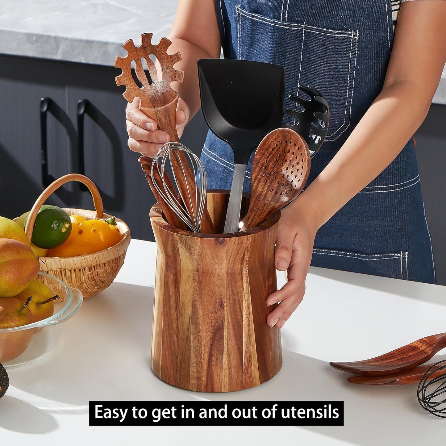 Wooden Utensil Holder for Countertop, 360° Rotating Kitchen Utensil Holder, 7.2"x 6" Large Acacia Wood Crock, Farmhouse Kitchen Decor