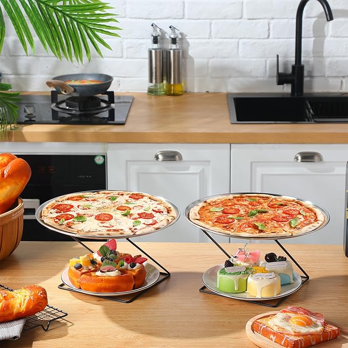 12 Pcs Pizza Stand Set: 4 Metal Stands, 4 Pizza Pans, 4 Spatulas for Weddings, Party(Silver,Square)