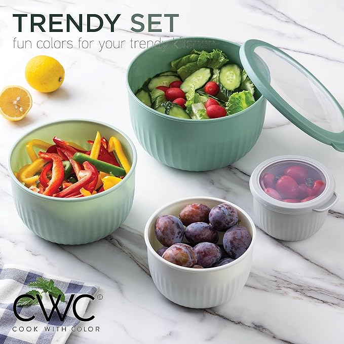 COOK WITH COLOR Prep Bowls with Lids- Wide and Deep Nesting Plastic Small Mixing Bowl Set with Lids, 12 Piece Set - Deep Bowls, Sage