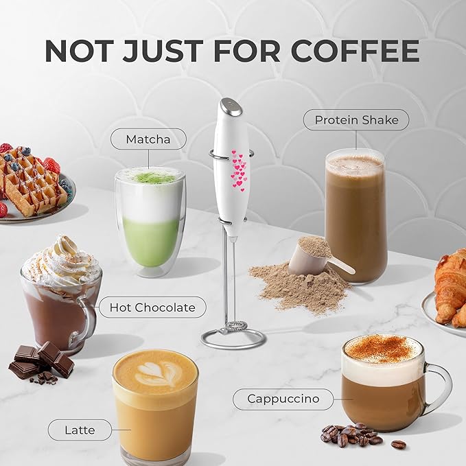 Zulay Kitchen Powerful Milk Frother Wand - Ultra Fast Handheld Drink Mixer - Electric Whisk Foam Maker for Coffee, Lattes, Cappuccino, Frappe, Matcha & Coffee Creamer - Milk Boss White with Hearts