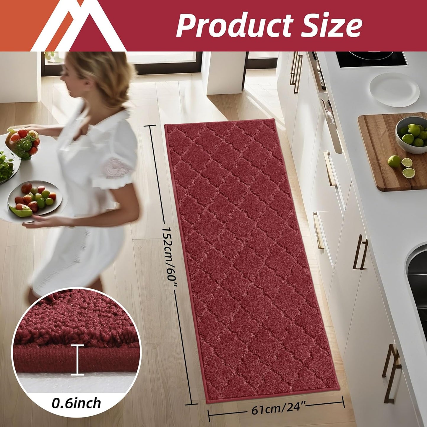 COSY HOMEER-Kitchen-Rugs-Non-Slip-Washable 24"x60" Absorbent Kitchen Runner Rug Polyester Kitchen Mats for Floor Soft Standing Floor Mats for Sink Mat,Hallway,Laundry,Red