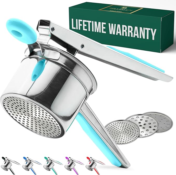 Bellemain Potato Ricer 15 oz with 3 Interchangeable Discs Mash Potato Masher Stainless Steel, Sweet Potato Masher Kitchen Tool Spaetzle Maker Press, Khuon Banh Lot, Spaetzle Noodle(AQUA BLUE), Medium