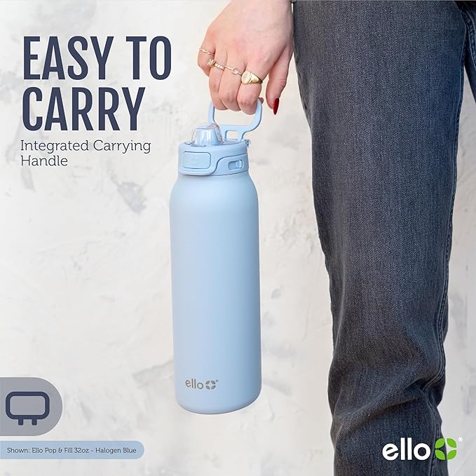Ello Pop & Fill 22oz Stainless Steel Water Bottle with QuickFill Technology, Double Walled and Vacuum Insulated Metal, Leak Proof Locking Lid, Straw and Chug, Reusable, BPA Free, Full Bloom