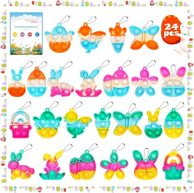 Easter Pop Fidget Toys Bulk Its 24 Pack Easter Party Favors for Kids Easter Egg Fillers Basket Stuffers Mini Pop Keychain It Goodie Bag Stuffers Fidgets for Classroom Prizes Kids Party Supplies Gifts