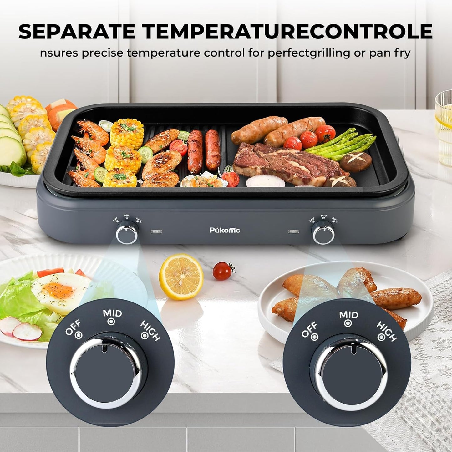 Pukomc Electric Indoor Grill,1500W,Non-Stick Cooking,Adjustable Dual Cooking Zones with,indoor grills electric smokelessSafe for Family, Party, Kitchen Use,gray