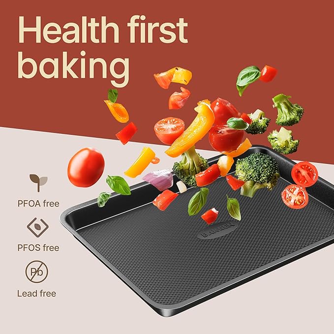 BAKKEN Kitchen Baking Pans - Nonstick Gray Coating, 13.58’’ × 9.65’’ Commercial Grade Carbon Steel Cookie Sheet, Diamond Texture Bottom, PFOA, PFOS, PTFE Free, Oven Safe Tray (450°F), Gray