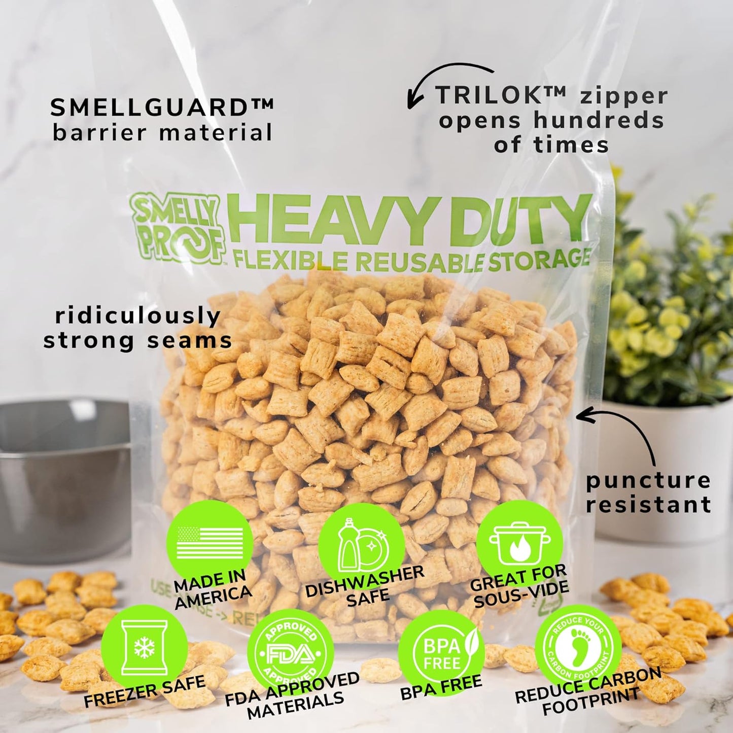 Smelly Proof HEAVY DUTY Reusable STAND-UP Bags for Food Storage, USA Made, NO PEVA & BPA FREE, Reusable Freezer Bags, Dishwasher-Safe, Triple Zip, CLEAR 5-mils XXL 2-Gallon 12" x 16" - 5pk