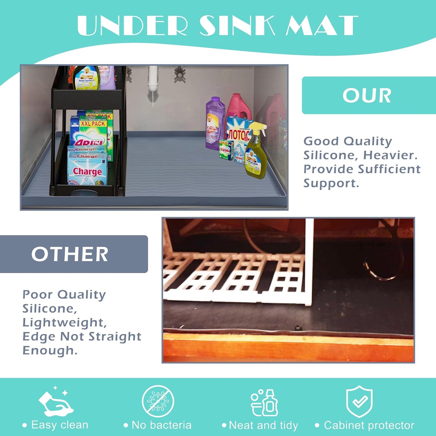 URMONA Waterproof Silicone Under Sink Mat 31'' x 22'' Shelf Liner for Kitchen and Bathroom, Cabinet and Counter Protector, Storage and Organizers, Litter Mat, Pet Cat Puppy Essentials(Beige)